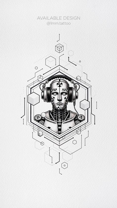 Fine line geometric tattoo of a crash test dummy wearing headphones, surrounded by hexagonal shapes and electronic circuit accents, symbolizing sound testing and technology. Line Geometric Tattoo, Fine Line Geometric Tattoo, Crash Test Dummy, Concept Tattoo, Electronic Tattoo, Crash Test Dummies, Wearing Headphones, Crash Test, Electronic Circuit