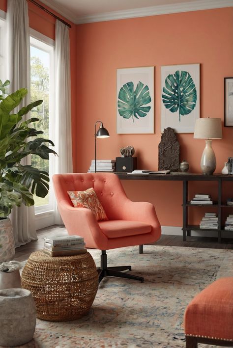 Embark on a daily interior designer routine with the best wall paint color for tropical vibes: Coral Island (SW 6332)! Dive into island-inspired decor for 2024. #Ad #homedecor #homedesign #trendgirlApartment #Painthome #interiorarchitecture Wall Colors Green Room Colors
Bright Room office Colors
Apartment Renovation
Home office Remodeling
Modern Paint Colors
2024 Bright Colour Room Ideas, Coral Wall Paint Living Room, Coral Living Room Walls, Coral Wall Color, Coral Wall Paint, Tropical Paint Colors, Bright Wall Colors, Coral Interior Design, Coral Living Room