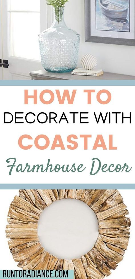 If you love the shabby chic elements of popular farmhouse decor and are fond of coastal design, then you’ll be a fan of coastal farmhouse decor. This blend of styles is traditional and trendy. Bringing these two together can really make a home feel inviting – and relaxing at the same time! #runtoradiance #interiordesign #coastal #farmhouse #design Coastal Above Bed Decor, Modern Coastal Mantle Decor, Coastal Farmhouse Bedding, Coastal Farmhouse Decor Ideas, Coastal Indoor Plants, Coastal Farmhouse Decor Bedroom, Coastal Farmhouse Decor Living Room, Nautical Farmhouse Decor, Nautical Bed