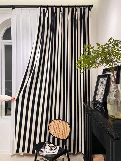 1pc European Style Ultra Minimalist All-Match Vertical Striped Curtain, Modern Nordic Style Thermal Insulated Privacy Curtain | SHEIN EUQS Black And White Striped Curtains, Bedroom Blackout Curtains, Pinch Pleat Drapes, Urban Bedroom, Ultra Minimalist, Pinch Pleat Drape, Blackout Curtains Bedroom, Curtain Modern, Curtain Headings