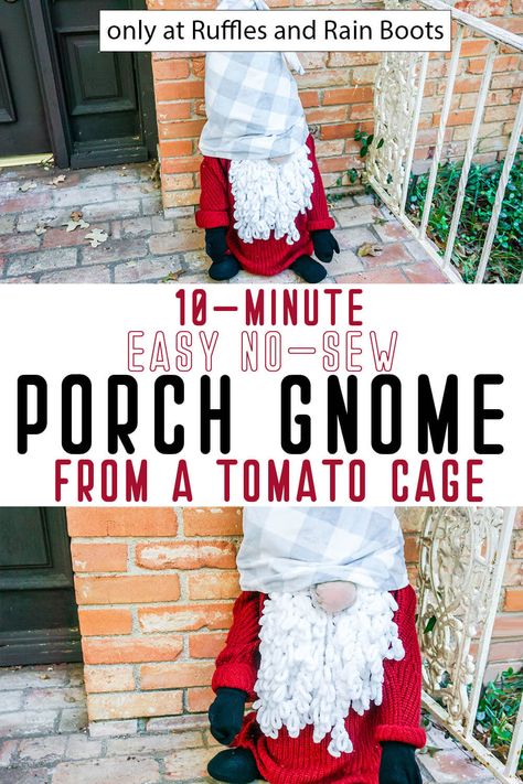 What a fun and easy farmhouse craft! This is so cute and perfect for my Christmas porch decor. Grab the easy farmhouse porch gnome tutorial here! Christmas Porch Gnomes Diy, Tomato Cage Gnome, Gnome Projects, Tomato Cage Crafts, Christmas Knomes, Yard Gnomes, Gnome Hats, Baby Christmas Crafts, Sock Gnomes