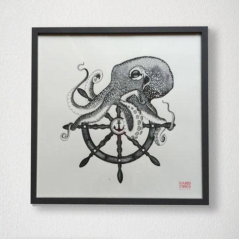 Octopus- ship wheel-anchor illustration screen print on high quality paper. Original handmade design hand-printed on white ivory paper. Anchor Illustration, Story Tattoo, Sailor Tattoo, Ship Wheel, A Ship, Graphic Arts, Comic Styles, Dreamcatcher Tattoo, Handmade Design