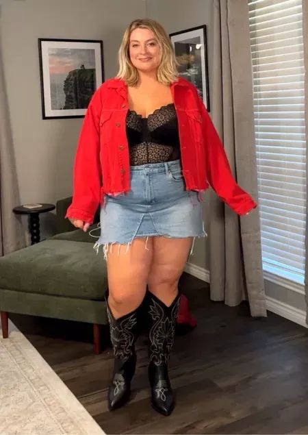 Date night outfit idea with sexy bra sized lace underwire bodysuit, jean mini skirt, wide calf knee high boots and statement red jacket   #LTKmidsize #LTKplussize #LTKstyletip Plus Size Mini Skirt Outfit, Plus Size Mini Skirt, Wide Calf Knee High Boots, Blogger Outfit Inspiration, Hot Pink Mini Dress, Knee Boots Outfit, Jean Mini Skirt, Midsize Fashion, Fashion Blogger Outfit