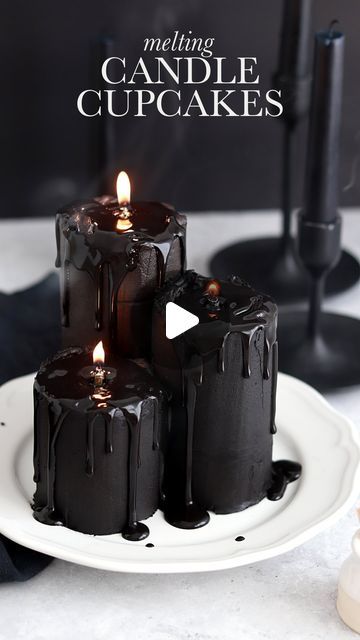 Whitney DePaoli | Sugar & Sparrow on Instagram: "MELTED CANDLE CUPCAKES 🖤🕯My small batch black velvet cake recipe (from a few Reels back) makes 9 cupcakes and I thought I’d do something fun with them. Here’s how I made these edible (dye-free!) melty candles in case you want to give it a go! ⁣
 ⁣
SUPPLIES: ⁣
-9 cupcakes⁣
-3 cups of frosting ⁣
-boba straws or skewers (for stabilizing the taller candles) ⁣
-icing smoother + turntable ⁣
-ganache for dripping⁣
-3 birthday cake candles⁣
-matches ⁣
⁣
INSTRUCTIONS: ⁣
1. Fill and stack the cupcakes: one stack of 2 cupcakes, one stack of 3 cupcakes, and one stack of 4 cupcakes. For the two taller cupcakes I inserted a boba straw through the middle to stabilize the stack for frosting. ⁣
2. Frost the cupcake stacks with smooth buttercream and keep t Candle Cupcakes, Sugar And Sparrow, Black Velvet Cake Recipe, Chocolate Ganache Drip Cake, Lemonade Cake Recipe, Caramel Apple Cake Recipe, Melted Candle, Drip Cake Recipes, Black Velvet Cakes