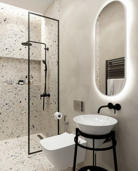 Bathroom Ideas Small Terazzo, Small Bathroom Terrazzo, Terrazo Bathroom Interior Design, Terrazzo Small Bathroom, Bathroom Design Terrazzo, Bathroom Flooring Design, Terazzo Bathroom Interior Design, Terrazo Tile Bathroom Ideas, Bathroom With Terrazzo