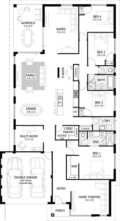 House Plans Without Garage, House Plans Australia, 5 Bedroom House Plans, Bungalow Floor Plans, 4 Bedroom House Plans, Garage House Plans, Home Design Floor Plans, Narrow House, Simple House Plans