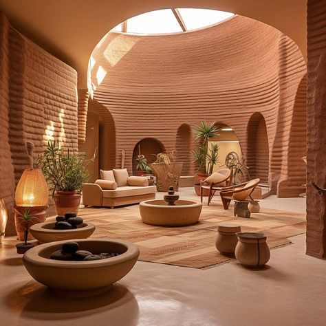 Desert Lodge Design, Desert Modern House Interior, Desert Oasis Architecture, Minimalist Desert Home, Desert House Aesthetic, Desert Architecture Concept, Arabic Home Design, Earthy Architecture, Modern Moroccan Interior Design