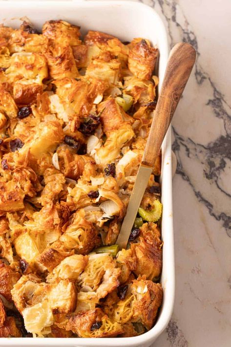 Easy Herby Croissant Stuffing Recipe with Sausage - Seasoned and Salted Croissant Stuffing Thanksgiving, Stuffing Recipe With Sausage, Croissant Stuffing, Classic Stuffing Recipe, Recipe With Sausage, Classic Stuffing, Fall Recipes Appetizers, Sausage Stuffing Recipe, Sausage Stuffing