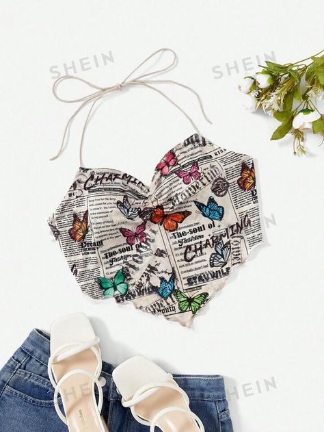 SHEIN EZwear Butterfly & Newspaper Print Ruched Bandana Hem Backless Knot Halter Top | SHEIN USA Butterfly Newspaper, Butterfly Clothing, Butterfly Clothes, Newspaper Print, Womens Halter Tops, Newspaper Printing, Tonic Water, Top Halter, Women Tank Tops