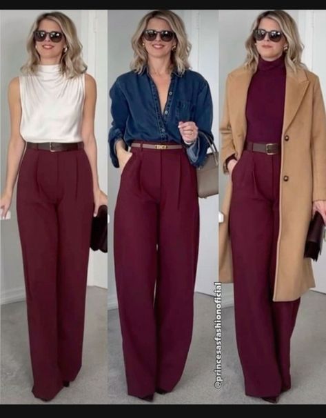 Fall Burgandy Outfits, Deep Winter Office Outfit, Deep Autumn Work Outfits, Deep Autumn Outfit, Burgandy Pants Outfits, Autumn Date Outfit, Burnt Orange Outfits, Burgundy Outfits For Women, Pantalon Palazzo Outfits