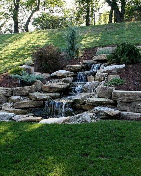 Waterfall Landscaping, Sloped Backyard Landscaping, Sloped Yard, Sloped Backyard, Hillside Landscaping, Pond Landscaping, Backyard Water Feature, Waterfalls Backyard, Sloped Garden