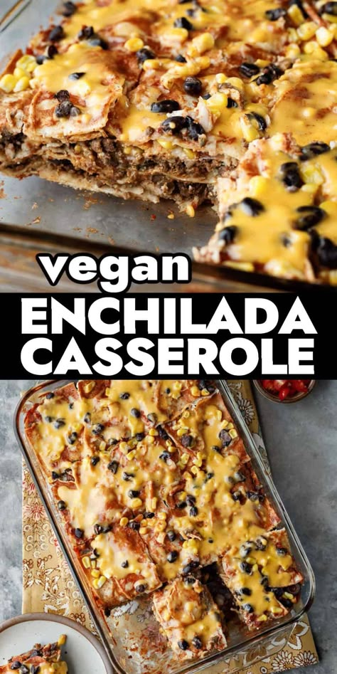 Vegan Enchilada Casserole Vegan Taco Casserole, Vegan Enchilada Casserole, Vegan Taco Meat, Vegan Casserole Recipes, Tortilla Pie, Vegetarian Casserole Recipes, Vegan Tacos Meat, Vegan Tortilla, Best Vegetable Recipes