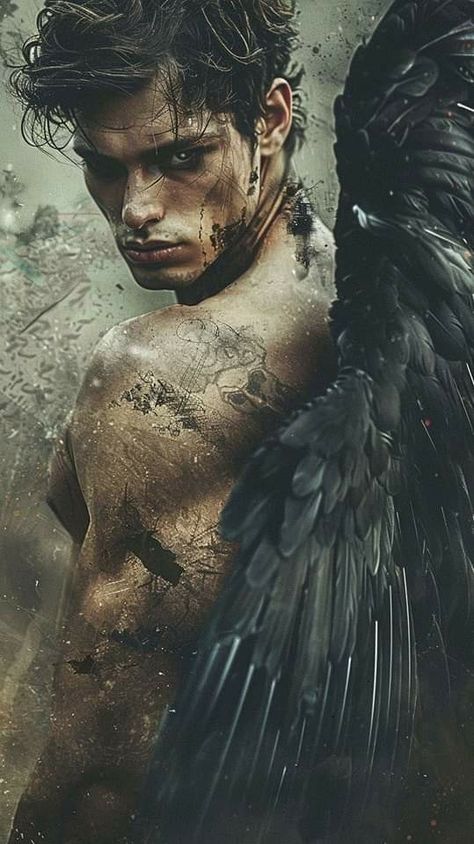 Nephilim Aesthetic, Angel With Black Wings, Male Fallen Angel, Dark Fae Aesthetic, Fae Aesthetic, Male Angels, Male Angel, Character Inspiration Male, Angel Warrior