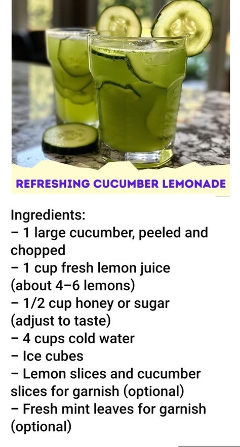 Cucumber lemonade Cucumber Mint Lemonade Recipe, Cucumber Drink Recipes, Cucumber Lemonade Recipe, Fancy Lemonade, Cucumber Lemon Juice, Alkaline Drinks, Acholic Drinks, Coconut Water Drinks, Mint Lemonade Recipe