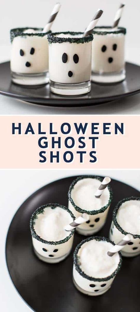 Drink Recipes Alcoholic Halloween, Ghost Themed Cocktails, Fall Cookout Activities, Halloween Diy Desserts, Bar Halloween Decorations, Halloween Ghouls Night, Halloween Shot Glasses Diy, Adult Halloween Party Desserts, Spooky Halloween Drinks Alcohol