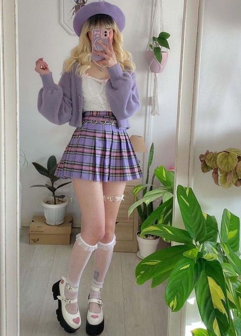 Kawaii Outfit Ideas, Pastel Girl, Purple Outfits, Kawaii Fashion Outfits, Plaid Skirt, Really Cute Outfits, Skirt Outfit, Kawaii Clothes, Girly Outfits