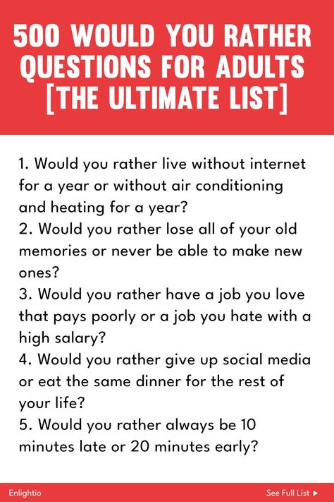 Explore the ultimate list of 500 thought-provoking "Would You Rather" questions designed for adults. Stimulate engaging conversations and get to know your friends, family, or colleagues on a whole new level with these intriguing prompts. Perfect for game nights, parties, road trips, or simply sparking interesting dialogues. Add fun and depth to your interactions with these unique conversation starters! Party Questions For Adults, Would You Rather Questions For Adults Hilarious, Would You Rather Questions For Friends, Would You Rather Questions For Adults, Rather Questions, Questions For Friends, Car Trip, Would You Rather Questions, Relationship Stuff