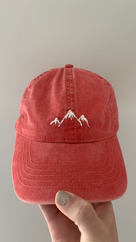 mountains, used a running stitch Embroidery On Cap Diy, Embroidered Baseball Caps Diy, Baseball Hat Embroidery Diy, Hand Embroidery On Hats, Mountains Embroidery, Mountain Embroidery, Embroider Ideas, Clothes Embroidery Diy, Embroidery Caps