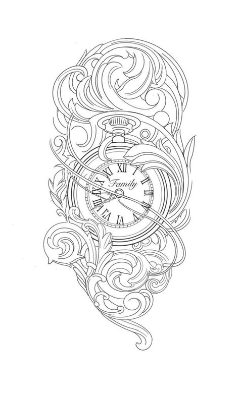 Clock And Flower Tattoo Design, Heart Clock Tattoo Stencil, Religous Tattoo Stencil, Time Clock Tattoo, Chest Tattoo Stencils, Tattoo Homme, Watch Tattoo Design, Medusa Tattoo Design, Filigree Tattoo