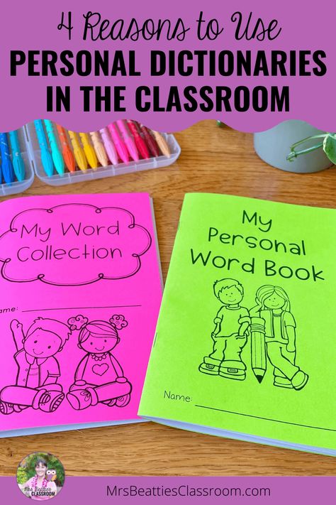 Personal student dictionaries, or word books, are of great value in 1st to 6th-grade classrooms. Having a bank of sight words and commonly used words available and a place for students to record personally-relevant words is more meaningful than a word wall. Personal dictionaries can meet the needs of all students where a word wall may not. Take a look at 4 reasons for using personal student dictionaries in your classroom, and grab a free resource in this post! Personal Word Wall, Student Dictionary, Personal Dictionary, Primary Writing, Teacher Lesson Planner, Digital Word, Clever Classroom, Spelling Patterns, Elementary School Classroom