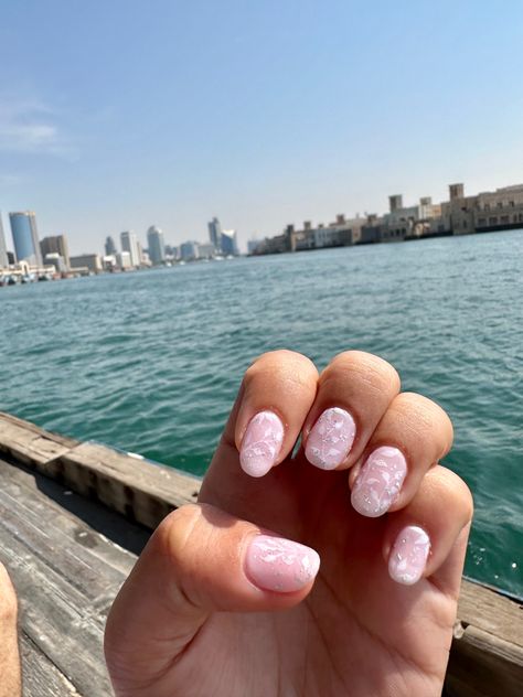 Unique nail design perfect for your wedding day! Details as follows: Gel Polish in slight ponk to cover natural nail, white leaf design, silver foil Natural Wedding Nails, Nail White, Wedding Day Details, Natural Wedding, White Leaf, Unique Nails, Design Silver, Silver Foil, Wedding Nails