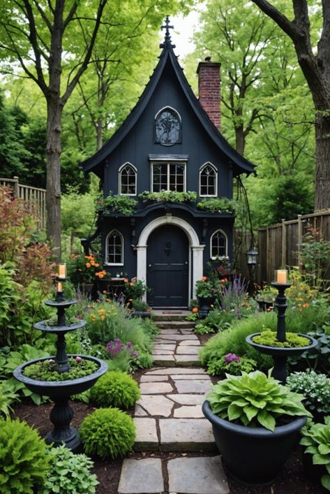 Big Garden House, Gothic Front Yard, Witchy Tiny House, Gothic Backyard, Backyard Library, Witchy House Exterior, Big Treehouse, Witchy Houses, Witchy Backyard