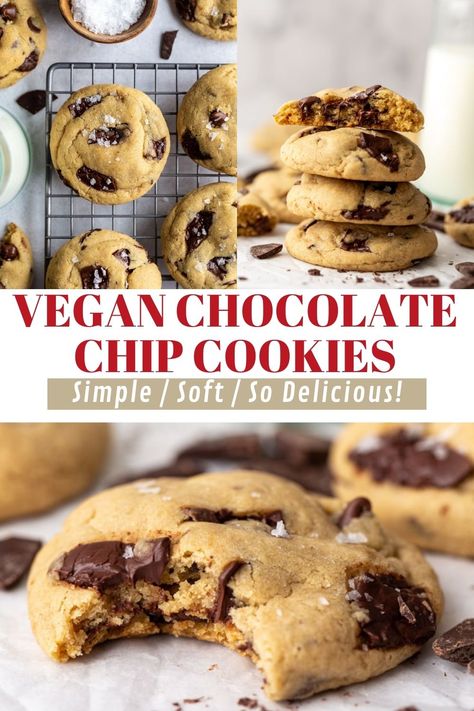 The BEST Vegan Chocolate Chip Cookies- these cookies are SO SIMPLE to make and no one will even know that they're egg-free, dairy-free, and completely VEGAN. Simple Air Fryer Recipes, Best Vegan Chocolate Chip Cookies, Chocolate Chip Cookies Easy, Dairy Free Chocolate Chip Cookies, Vegan Chocolate Chip Cookie Recipe, Plant Based Dessert Recipes, Vegetarian Recipes Dessert, Dairy Free Cookies, Vegan Baking Recipes