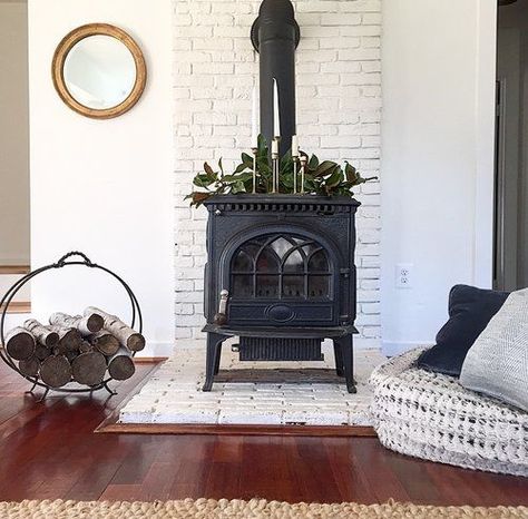 Wood Burning Stove Corner, Wood Stove Surround, Wood Stove Hearth, Wood Burning Stoves Living Room, Brick Hearth, Living Room Farmhouse, Wood Stove Fireplace, Modern Farmhouse Living, Freestanding Fireplace