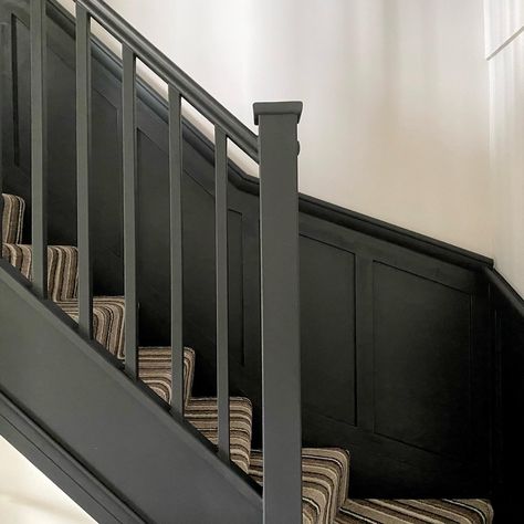 Black Panelling Stairs, Wood Paneling Staircase Wall, Black Stair Panelling, Black Panelling Hallway, Hall Panelling, Stairs With Glass Panels, Stair Panelling, Hallway Stairs Ideas, Scandi Hallway