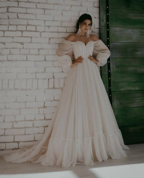 Off The Shoulder Flowy Wedding Dress, Aline Flowy Wedding Dress, Big Flowy Wedding Dress, Anastasia Wedding Dress, Satin Long Sleeve Wedding Dress, Poofy Wedding Dress, Wedding Dress Flowy, Sheer Wedding Dress, Ethereal Wedding