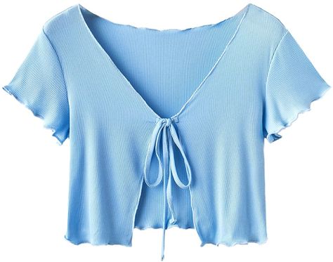 SweatyRocks Women's Tie Up Crop Top Short Sleeve Ribbed Knit Open Front Cropped Shirts at Amazon Women’s Clothing store Front Open Tops For Women, Open Front Cropped Cardigan, Black Lace Mini Skirt, Cassie Howard, Crop Top Short Sleeve, Tie Up Crop Top, Cropped Shirts, Tie Sweater, Cardigan Crop Top