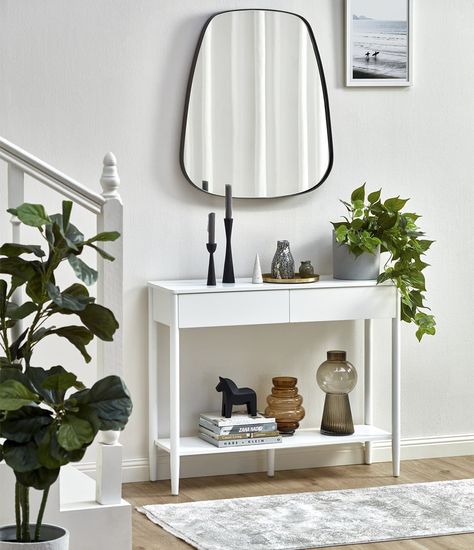 White Console Table Decor Entryway, White Console Table Decor, Narrow Entry Hallway, White Entryway Table, Modern Provincial, Small Console Tables, Neutral Interior Design, Small Console Table, Internal Glass Doors