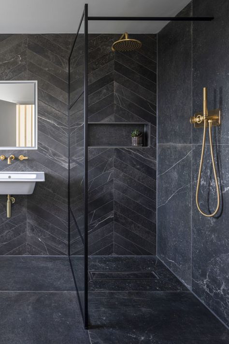 Contemporary Cheltenham Home | Mandarin Stone Black Porcelain Tiles, Black Tile Bathrooms, Mandarin Stone, Dark Bathrooms, Stone Bathroom, Bad Inspiration, Black Porcelain, Big Bathrooms, Bathroom Trends