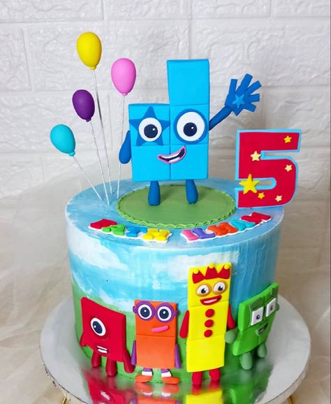 Number Block Birthday Cake, Number Blocks Cake Ideas, Number Themed Birthday Party, Number Block Cake Ideas, Numberblocks Birthday Party Ideas, Number Blocks Birthday Party Ideas, Number 5 Birthday Cake Boys, Number Block Birthday Party, Numberblocks Party Ideas