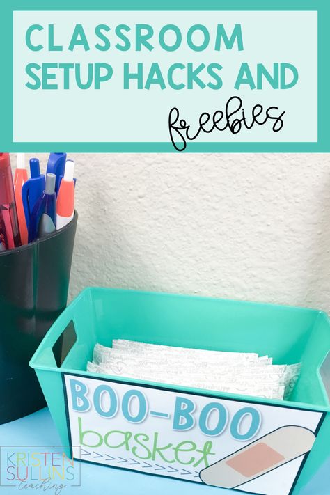 Foster independence with your kindergarten, 1st, or 2nd grade elementary students by setting up your classroom in a way that allows them to take responsibility! In this post, I'm sharing how my "boo-boo basket", book hospital, labels, and MUCH more will help your classroom run smoothly this year. These ideas and hacks will save you time and energy, and ultimately help eliminate interruptions of instruction time! Boo Boo Basket For The Classroom, First Grade Classroom Essentials, Book Hospital Ideas, Kindergarten Management Ideas, Kindergarten First Grade Combo Classroom, Kindergarten Mailbox Ideas, Classroom First Aid Station, K4 Classroom Ideas, Kindergarten Classroom Hacks