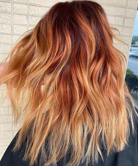 Reverse Balayage Blonde To Copper, Cooper Ombre Hair, Terracotta Hair Color, Sunflower Hair Color Ombre, Copper Blonde Hair Balayage, Copper Balayage Blonde, Brassy Orange Hair, Copper Ombre Hair, Orange Hair Color Ideas