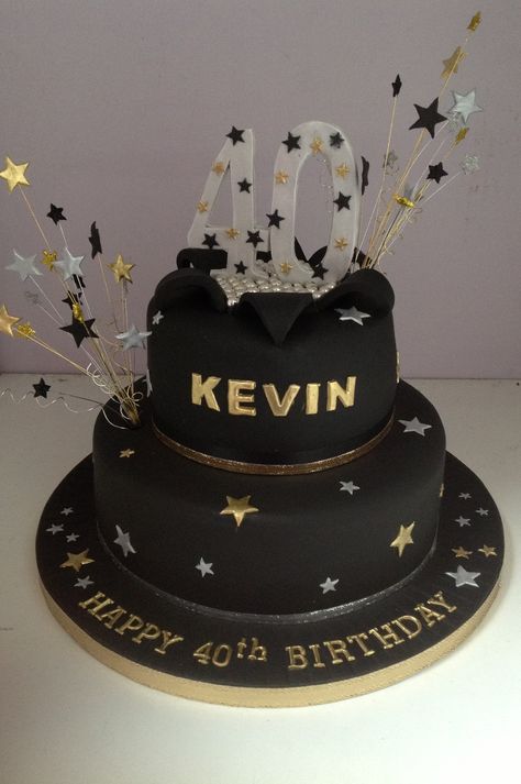 2 tier Black cake with gold and silver decoration Birthday Cake Black And Gold, 30th Birthday Cake For Men, Cake Black And Gold, 30th Birthday Cakes For Men, Black And Gold Birthday Cake, Birthday Cake Black, Birthday Candle Photography, Gold 30th Birthday, 30th Cake