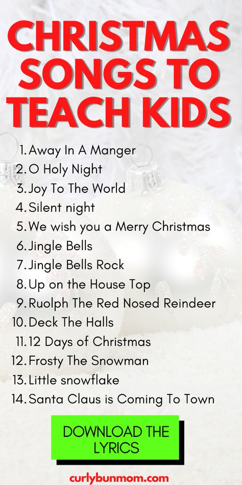 Get the lyrics to the best Christmas songs for kids to learn this Christmas. Your kids will love learning these top Christmas songs when download the pdf & let your kids follow along and memorize their fave Christmas songs. #christmassongs #christmassongsforkids #merrychristmas #christmasspirit #christmasmemories #christmasactivities Christmas Caroling Songs Free Printable, Kids Christmas Songs Preschool, Christmas Caroling Songs, Christmas Songs For Kids To Perform, List Of Christmas Songs, Christmas Songs For Toddlers, Kids Christmas Songs, Daycare Songs, Childrens Christmas Songs