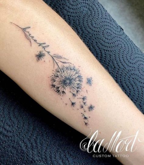 Breath Dandelion Tattoo, Dandelion Tattoo With White Ink, Dandelion Tattoo Just Breath, Dandilines Flower Tattoo, Breathe Tattoos For Women, Tatoo Pic, Blowing Dandelion Tattoo, Breath Tattoo, Breathe Tattoos