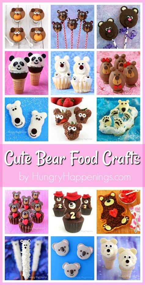 Cute Bear Themed Food Crafts for Valentine's Day, Christmas, Birthdays, and more! Bear Snack Ideas, Bear Food Ideas, Bear Themed Food, Teddy Bears Picnic Food, Savory Party Food, Book Inspired Food, Milk Chocolate Pudding, Fun Rice Krispie Treats, Savoury Party Food