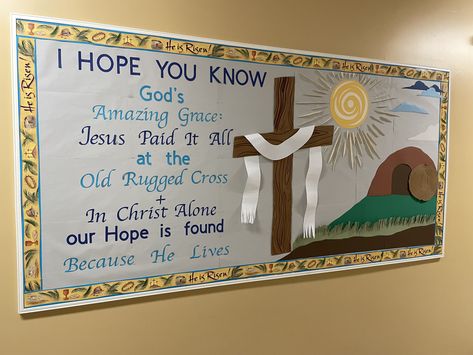 Easter Bulletin Boards For Church, Christian Easter Bulletin Board Ideas, Easter Church Bulletin Boards, Christian School Bulletin Boards, Church Sign Sayings, Easter Bulletin Boards, Church Library, Resurrection Eggs, Class Bulletin Boards