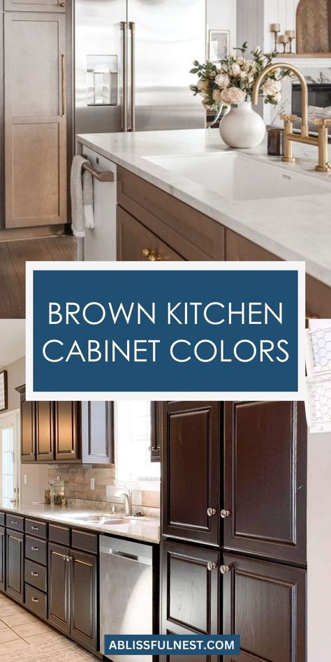 Brown kitchen cabinet colors evoke warmth and timeless elegance, grounding your culinary space in a rich, earthy palette. From deep mahogany to light honey tones, brown cabinets offer versatility and create a sense of inviting sophistication. Pair with contrasting colors for a modern edge, or embrace natural textures for a classic, cozy feel. #kitchencabinets #browntones #homedecor Sherwin Williams Brown Cabinets, Light Brown Wood Kitchen Cabinets, Warm Brown Kitchen Cabinets, Brown Painted Kitchen Cabinets, Walnut Cabinets Kitchen, Brown Kitchen Cabinets, Earthy Palette, Popular Paint Colors, Grey Countertops