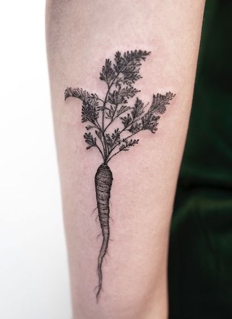 Carrot Tattoo, Vegetarian Tattoo, Potato Tattoo, Vegetable Tattoo, Cooking Tattoo, Cute Nickname, Food Tattoos, Mushroom Tattoos, Botanical Tattoo