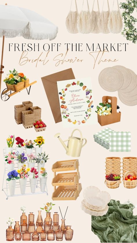 Shop all the essentials for this bridal shower theme! Southern Theme Bridal Shower Ideas, Brunch Food Bridal Shower Ideas, Bridal Luncheon Themes, Cute Bridal Shower Theme, Garden Party Bridal Shower Activities, Bridal Shower September, Bridal Shower Theme Summer, Shes Off The Market Bachelorette, Market Theme Party