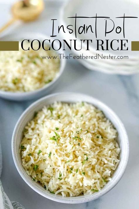 Two bowls of coconut rice. Instant Pot Coconut Rice, Coconut Basmati Rice, Rice In The Instant Pot, Coconut Jasmine Rice, Coconut Lime Rice, Jasmine Rice Recipes, Burger Side Dishes, Coconut Rice Recipe, White Rice Recipes