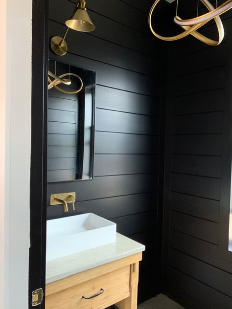 Natural Shiplap Bathroom, Black Shiplap Wall Bathroom, Black Shiplap Bathroom, Plank Wall Bathroom, Wooden Wall Bathroom, Natural Wood Vanity, Shiplap Bathroom Wall, Painted Shiplap, Modern Farmhouse Black