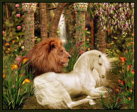 The Lion And The Unicorn - fortunately, no sign of them fighting for the crown here. Lion Kings, I Believe In Unicorns, Unicorn Artwork, Lion And Unicorn, Pegasus Unicorn, Unicorn Pictures, Fairy Dragon, The Last Unicorn, Unicorn Horse