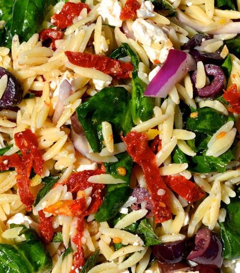 Spinach & Orzo Salad. I didn't add the mint leaves, substituted lightly toasted pine nuts instead. Also added 1/2 cup Kraft sundried tomato salad dressing. Delicious. Orzo Sundried Tomato Salad, Pasta Salad Spinach, Spinach Orzo Salad, Tomato Salad Dressing, Spinach Orzo, Salad Spinach, Spinach Tomato, Orzo Pasta Salad, Orzo Recipes