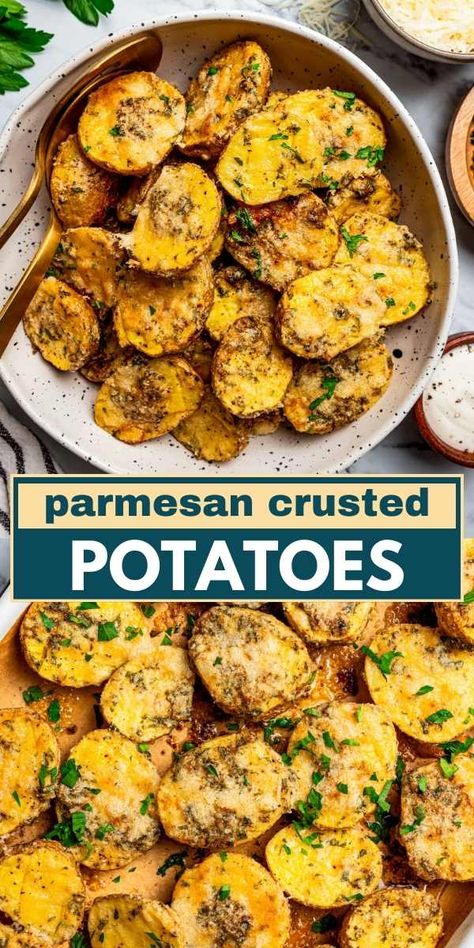 You've got to try these mouthwatering Parmesan Crusted Potatoes! Baby potatoes are coated in a delicious mix of butter, garlic, and parmesan, then baked to perfection for a warm, crispy finish. Crispy Parmesan Crusted Potatoes, Roasted Yellow Potatoes, Crusted Potatoes, Parmesan Potato Recipe, Parmesan Crusted Potatoes, Potato Side Dish, Dinner Favorites, Roasted Potato Recipes, Yellow Potatoes