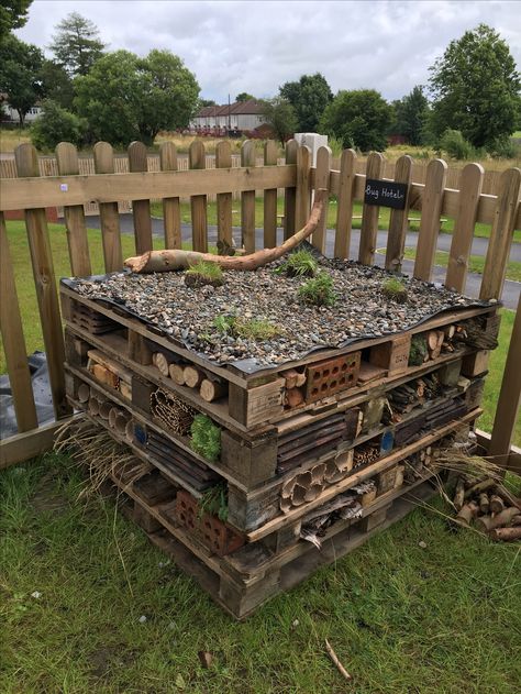 Pallet Bug Hotel Ideas, Forest School Pallet Ideas, Bug Hotel Pallet, Forest School Structures, Pallet Classroom Ideas, Nature School Design, Nursery Garden Ideas Outdoor Play, Outdoor Eyfs, Eco School